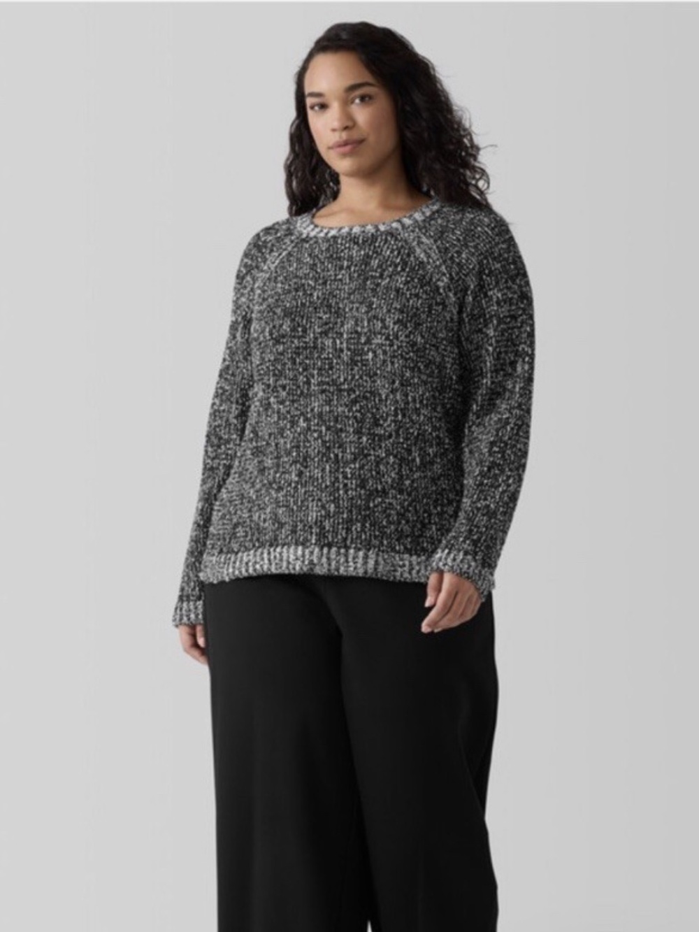 Eileen Fisher Black White Peruvian Organic Cotton Boucle Crew Neck Sweater - 1X